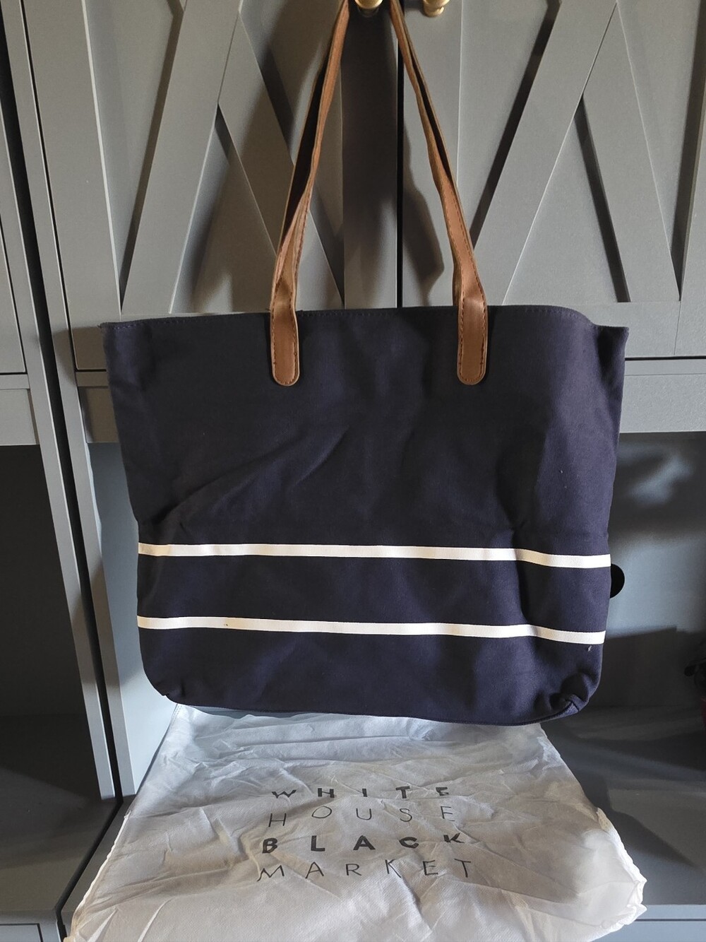 White House Black Market Navy Tote with White Stripes and Brown Handles